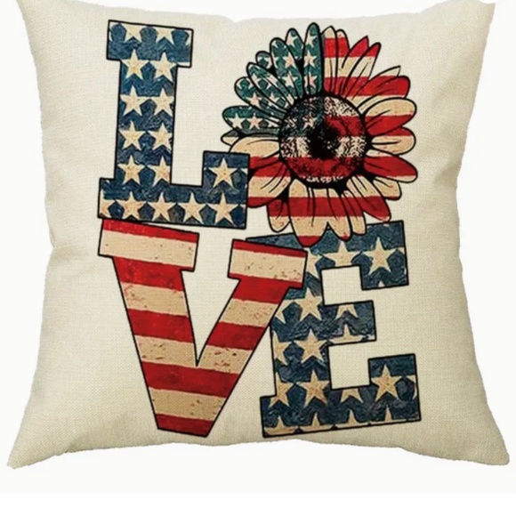 NEW LOVE AMERICANA SUNFLOWER AMERICAN FLAG FARMHOUSE LINEN PILLOW COVER 18" - Picture 6 of 6